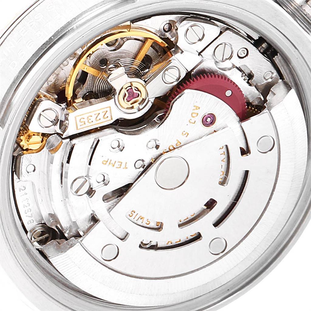 This image shows the intricate movement mechanism of a Rolex Datejust 179174 Women's Stainless Steel Grey Dial 179174 Women's Stainless Steel Grey Dial watch, viewed from the back.