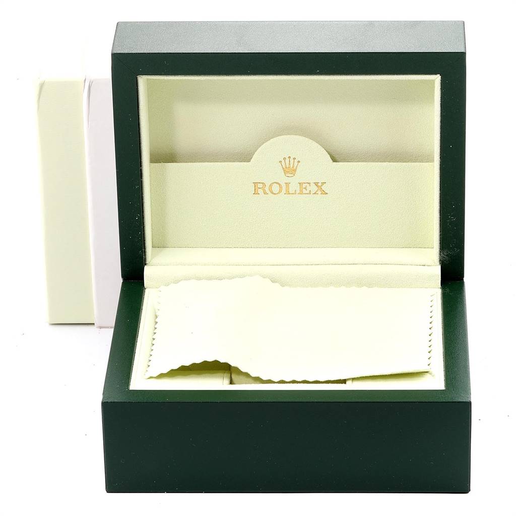 The image shows an open Rolex watch box for the Datejust model, displaying the inside with a cloth but no watch.