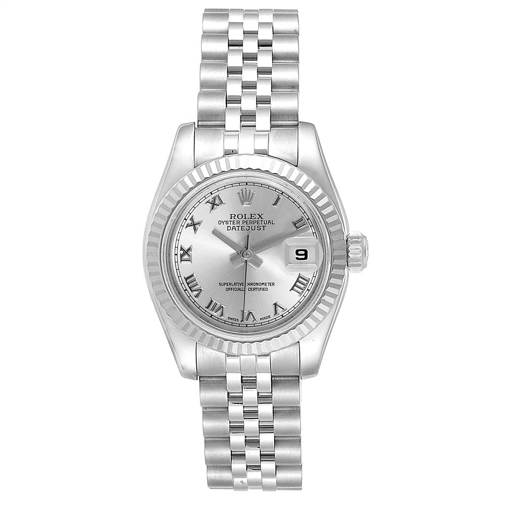 This image shows a Rolex Datejust 179174 Women's Stainless Steel Grey Dial 179174 Women's Stainless Steel Grey Dial watch from a top-down angle, highlighting the dial, bezel, and bracelet.