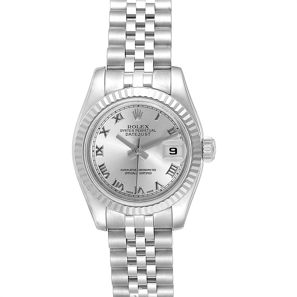The image shows a front view of the Rolex Datejust 179174 Women's Stainless Steel Grey Dial 179174 Women's Stainless Steel Grey Dial watch, highlighting the dial, bezel, bracelet, and date window.
