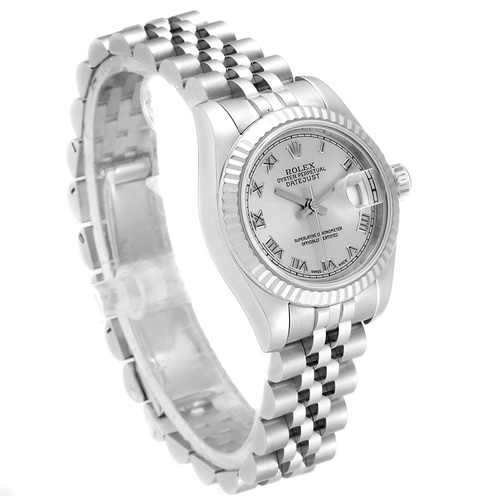 The image shows a Rolex Datejust 179174 Women's Stainless Steel Grey Dial 179174 Women's Stainless Steel Grey Dial watch at a profile angle, displaying its face, bezel, and bracelet.