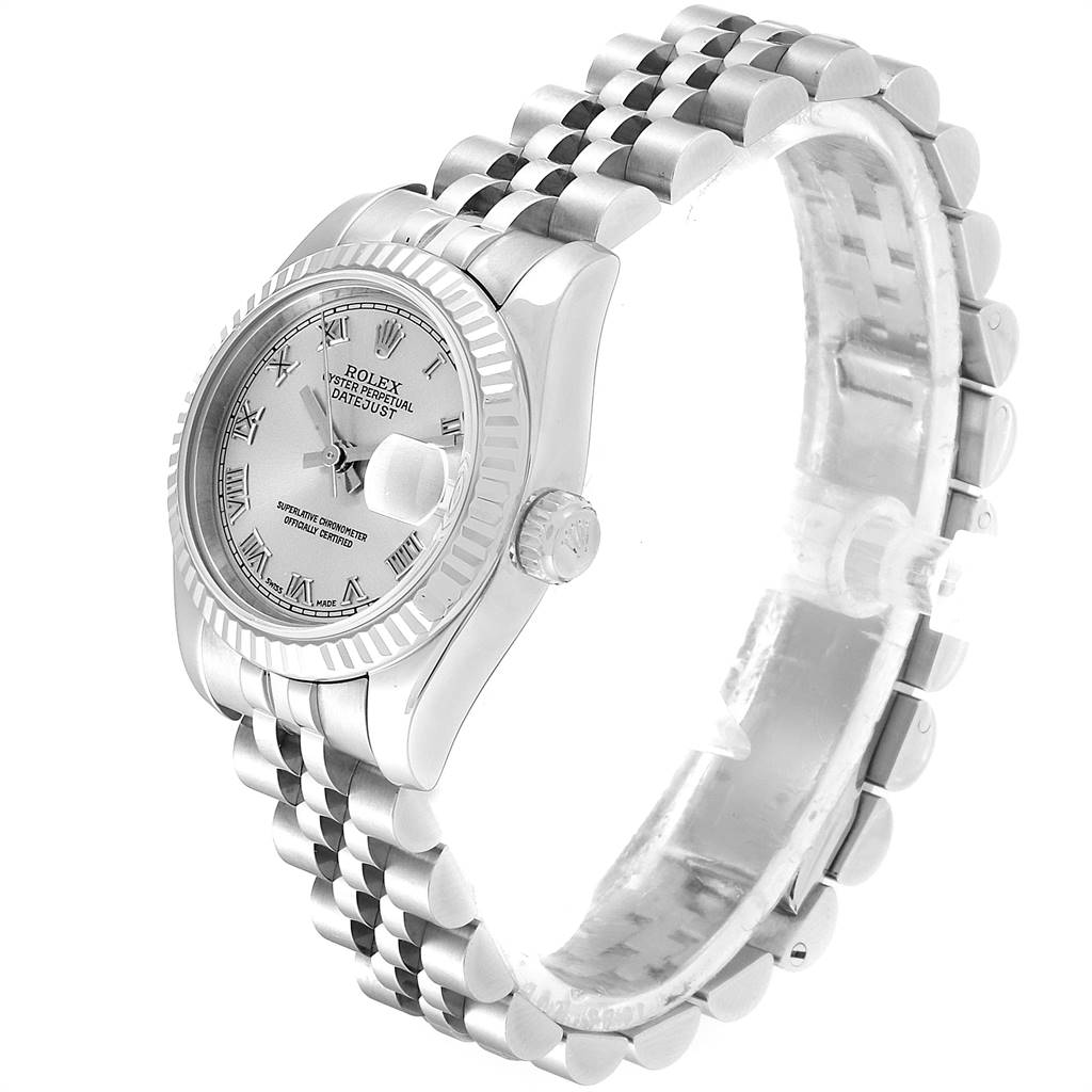 This Rolex Datejust 179174 Women's Stainless Steel Grey Dial 179174 Women's Stainless Steel Grey Dial watch is shown at an angled side view, highlighting its dial, bezel, crown, and Jubilee bracelet.