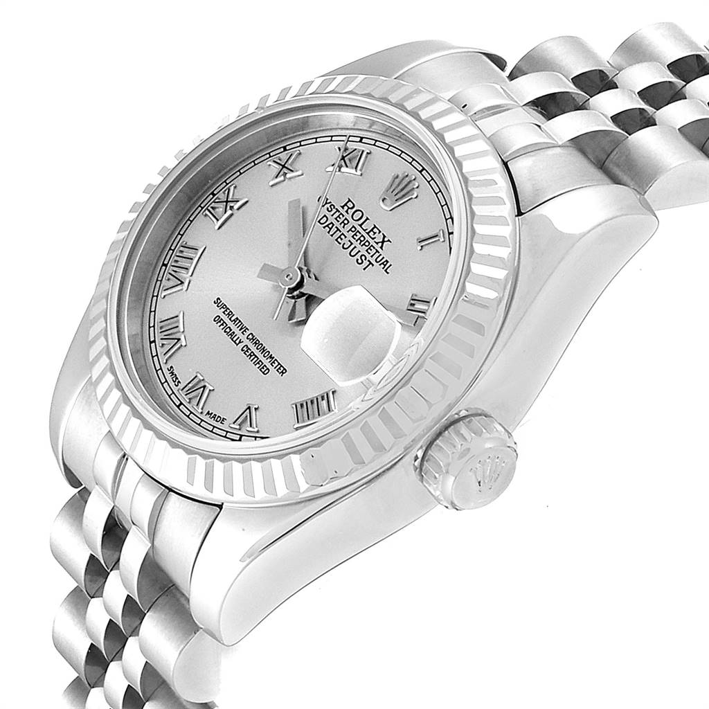The Rolex Datejust 179174 Women's Stainless Steel Grey Dial 179174 Women's Stainless Steel Grey Dial watch is shown at a three-quarter angle, highlighting the face, bezel, crown, and part of the bracelet.