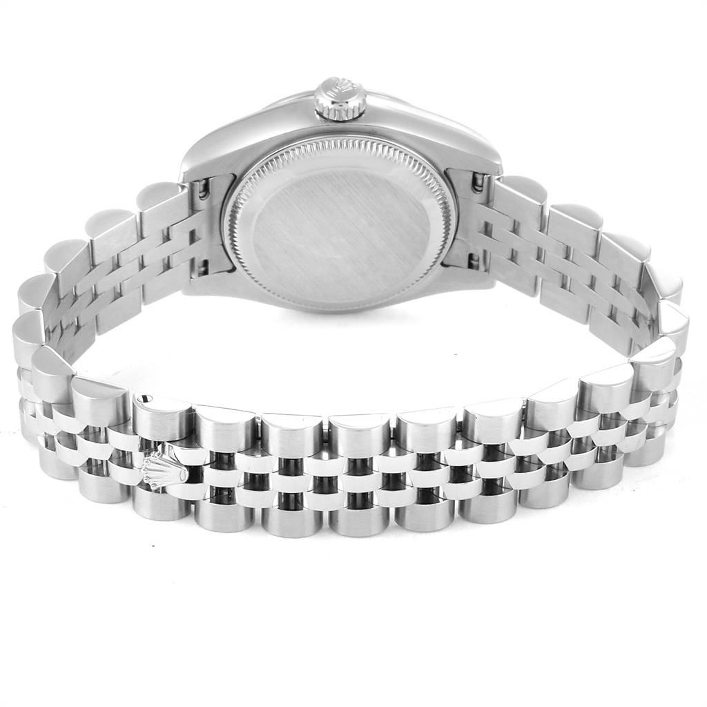 This image shows the back view of a Rolex Datejust 179174 Women's Stainless Steel Grey Dial 179174 Women's Stainless Steel Grey Dial watch, highlighting the case, crown, and jubilee bracelet.