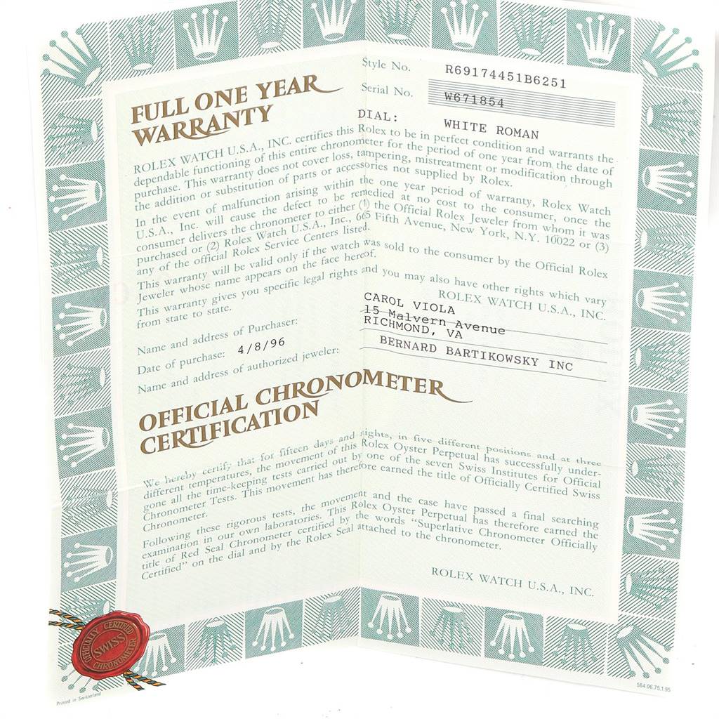 The image shows the warranty and certification documents for a Rolex Datejust 69174 Women's Stainless Steel White Dial 69174 Women's Stainless Steel White Dial watch.