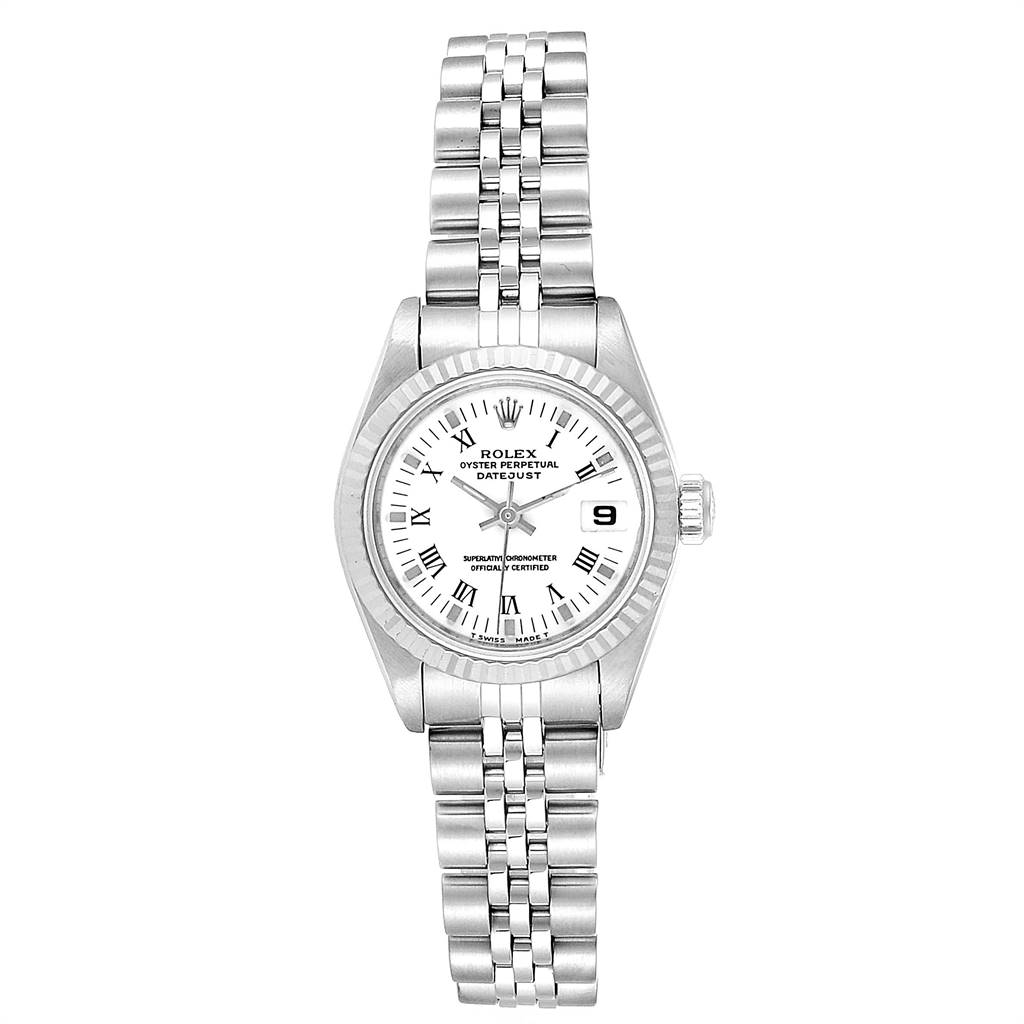 The image shows a Rolex Datejust 69174 Women's Stainless Steel White Dial 69174 Women's Stainless Steel White Dial watch from a front angle, displaying the face, bracelet, and crown.