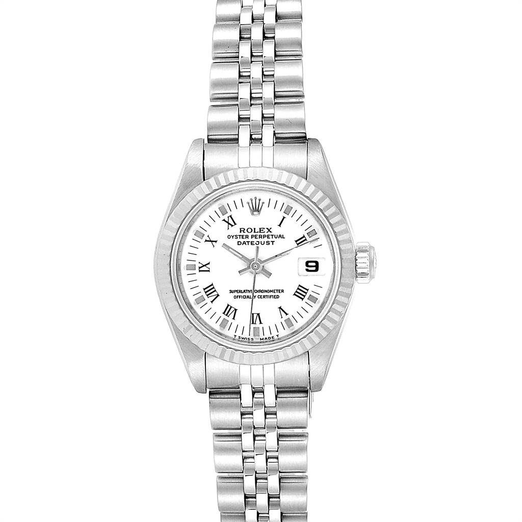 This image shows a Rolex Datejust 69174 Women's Stainless Steel White Dial 69174 Women's Stainless Steel White Dial watch from a front angle, displaying the dial, bezel, case, and bracelet.