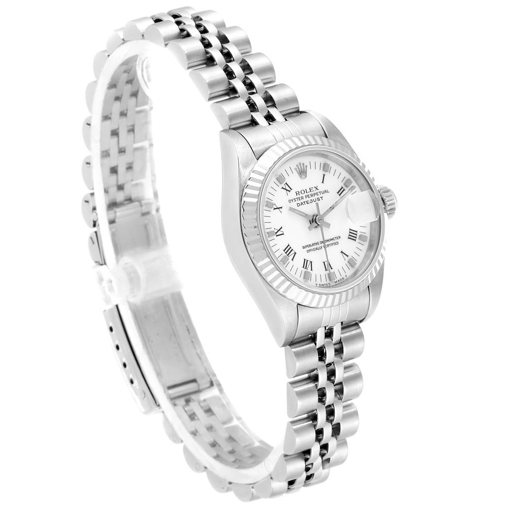 The image shows a Rolex Datejust 69174 Women's Stainless Steel White Dial 69174 Women's Stainless Steel White Dial watch at a three-quarter angle, displaying the face, bezel, crown, and bracelet.