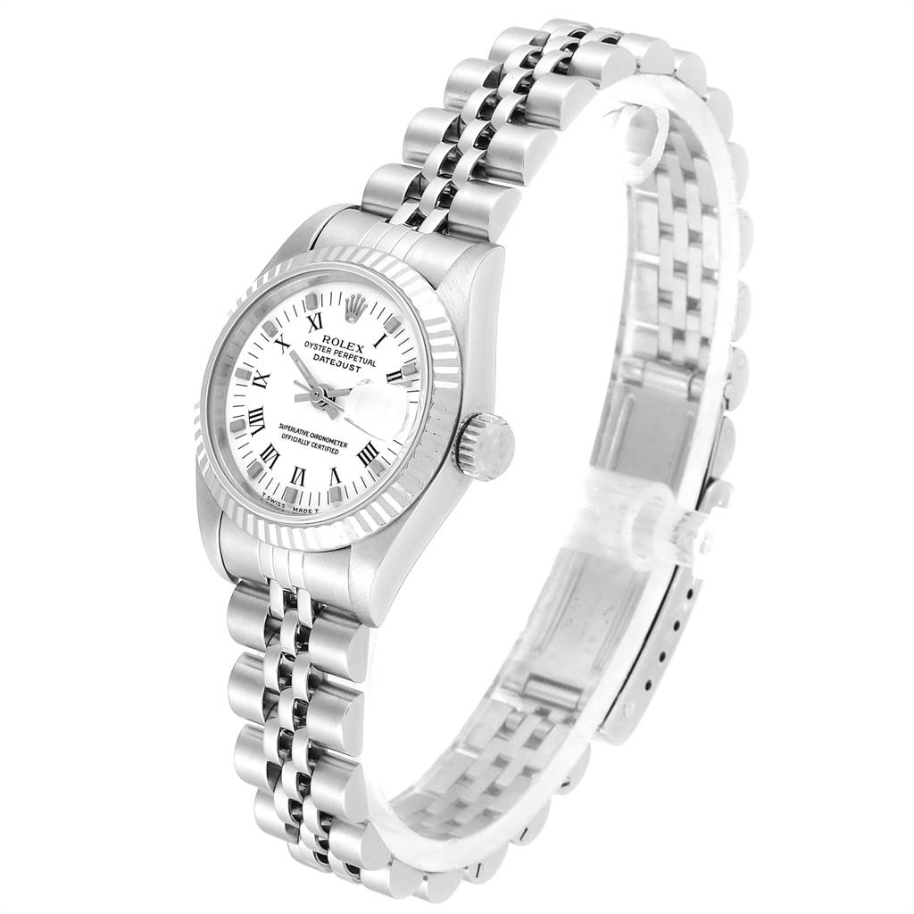 The image displays a Rolex Datejust 69174 Women's Stainless Steel White Dial 69174 Women's Stainless Steel White Dial watch at a slight angle, highlighting the face, crown, and bracelet.