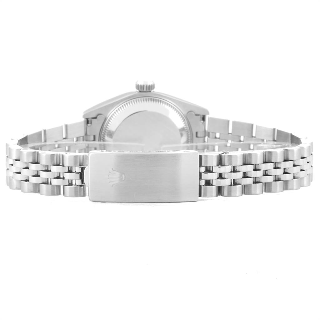 The image shows the back side of the Rolex Datejust 69174 Women's Stainless Steel White Dial 69174 Women's Stainless Steel White Dial watch, displaying the case back and bracelet with the clasp.