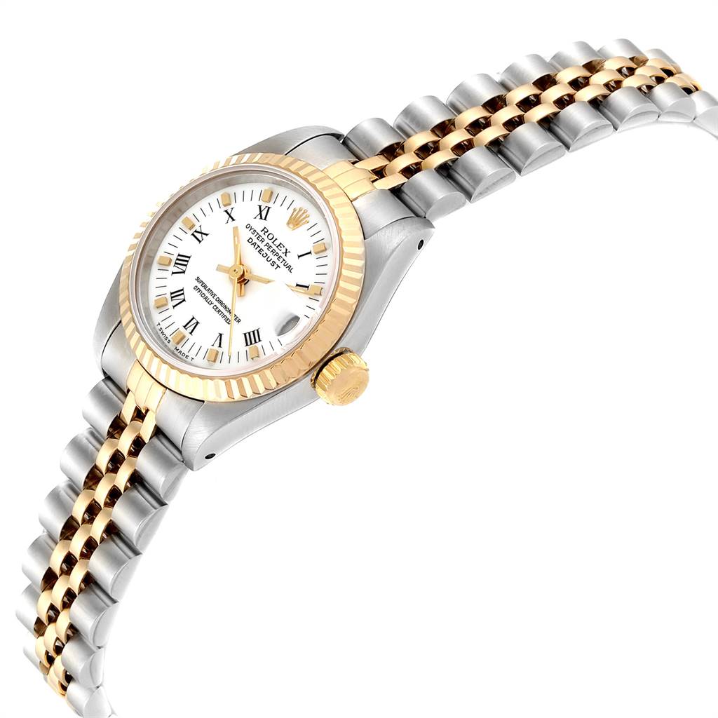 The image shows a Rolex Datejust 69173 Women's Stainless Steel White Dial 69173 Women's Stainless Steel White Dial watch from a three-quarter angle, highlighting the dial, bezel, crown, and bracelet.