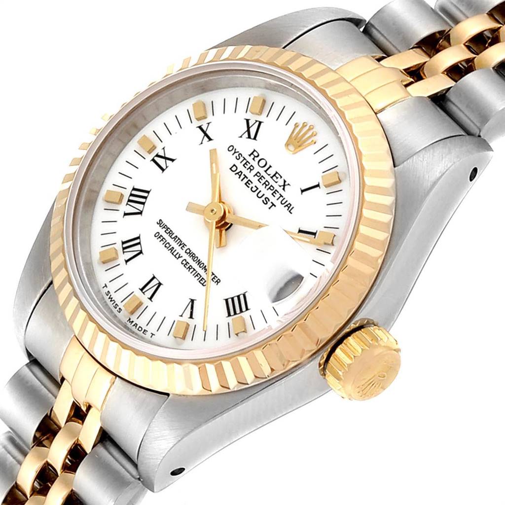 This Rolex Datejust 69173 Women's Stainless Steel White Dial 69173 Women's Stainless Steel White Dial watch is shown at an angled view focusing on its face, bezel, crown, and part of the bracelet.