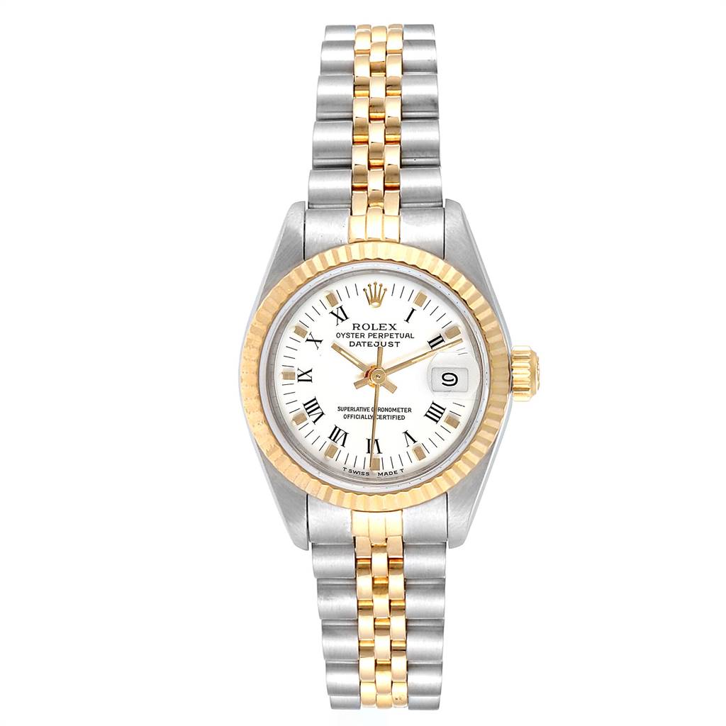 This image shows a front view of a Rolex Datejust 69173 Women's Stainless Steel White Dial 69173 Women's Stainless Steel White Dial watch, displaying its face, bezel, crown, and two-tone bracelet.