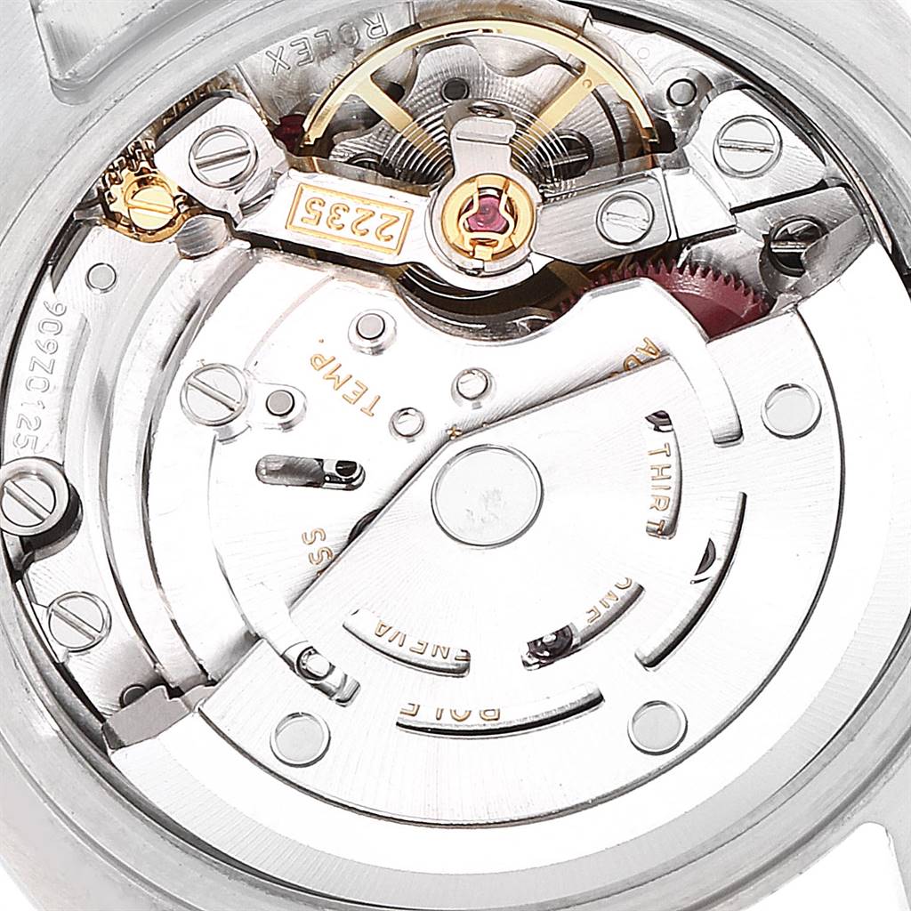 This image shows a close-up of the movement and internal mechanism of a Rolex Datejust 179174 Women's Stainless Steel Silver Dial 179174 Women's Stainless Steel Silver Dial watch.