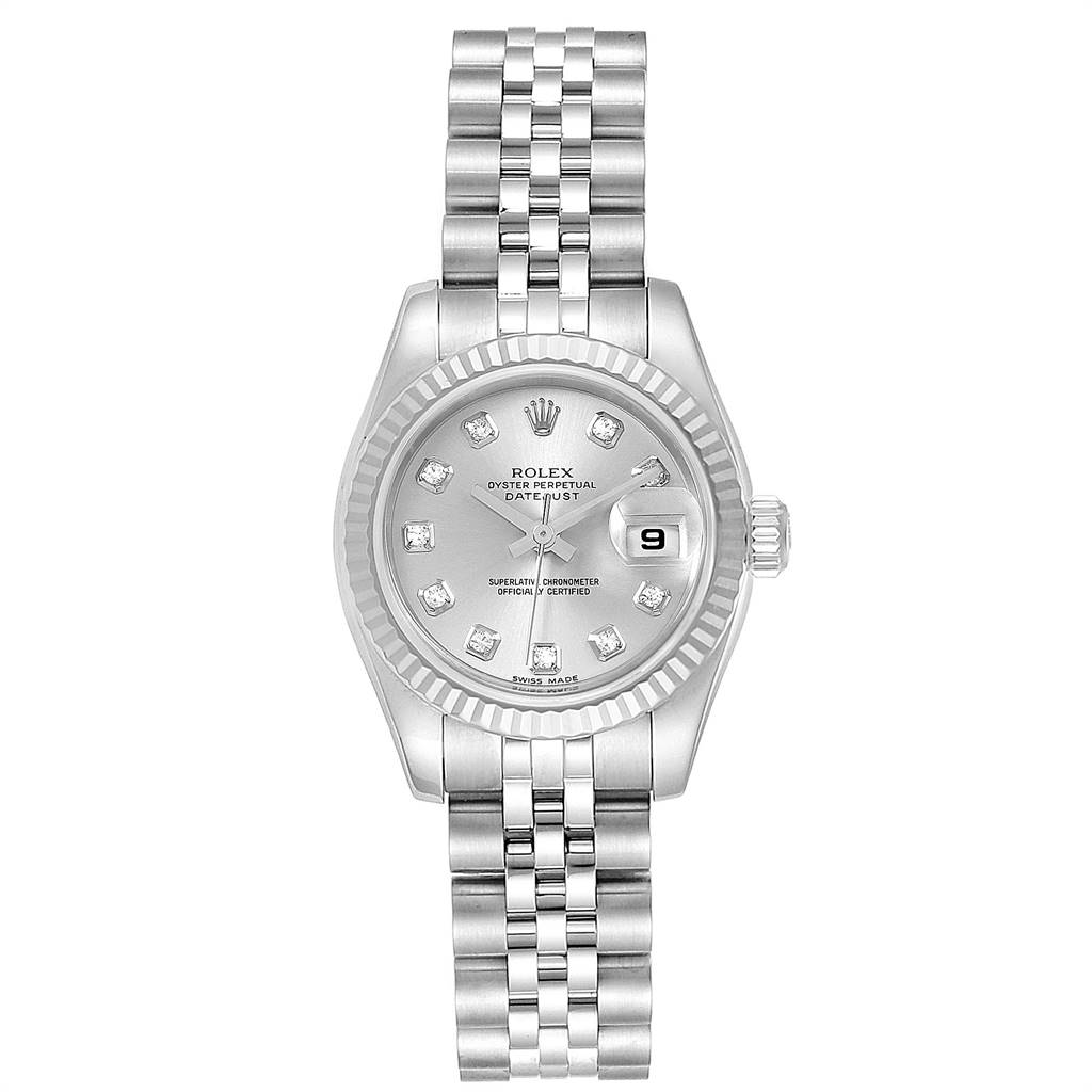The image shows a front view of a Rolex Datejust 179174 Women's Stainless Steel Silver Dial 179174 Women's Stainless Steel Silver Dial watch displaying the face, bezel, and bracelet.