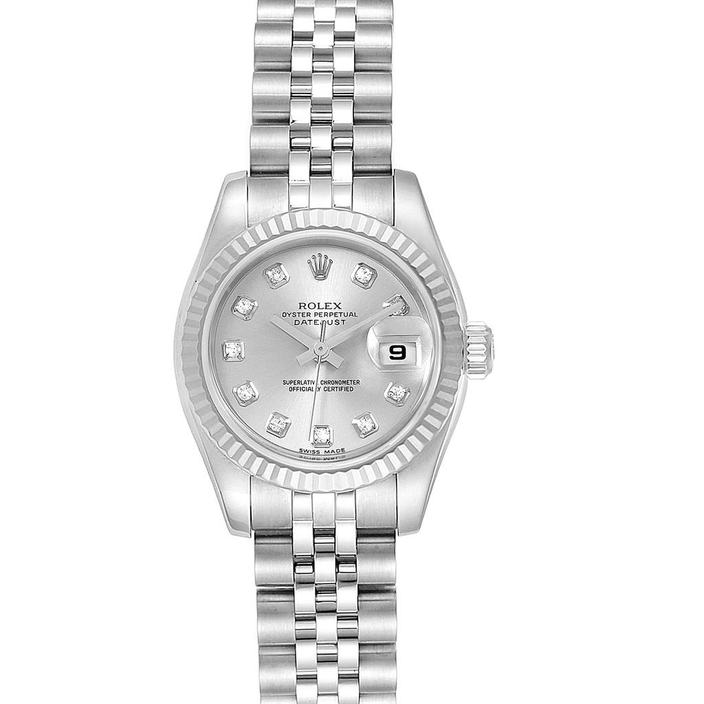 The image shows a frontal view of a Rolex Datejust 179174 Women's Stainless Steel Silver Dial 179174 Women's Stainless Steel Silver Dial watch, displaying its face, bezel, and bracelet.