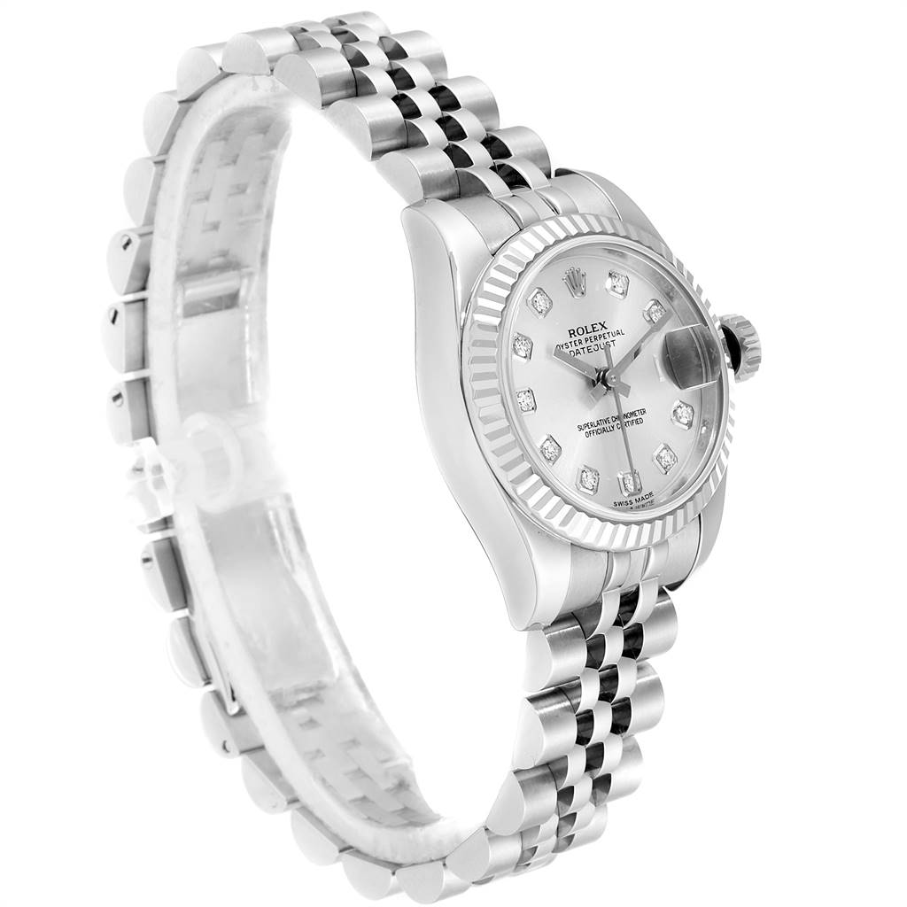 This image shows a Rolex Datejust 179174 Women's Stainless Steel Silver Dial 179174 Women's Stainless Steel Silver Dial watch at a slight angle, highlighting its bracelet, case, and diamond-studded dial.