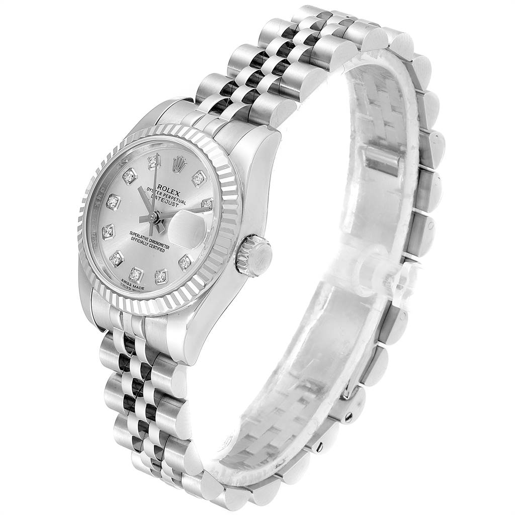 The image shows a Rolex Datejust 179174 Women's Stainless Steel Silver Dial 179174 Women's Stainless Steel Silver Dial watch at a slightly raised side angle, showcasing its bracelet, bezel, and dial with diamond markers.