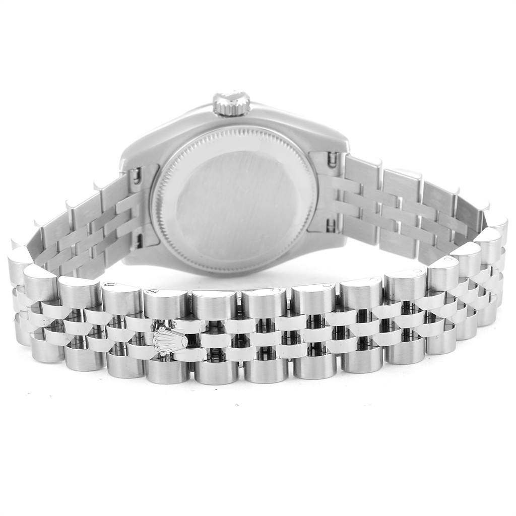 The image shows the back of a Rolex Datejust 179174 Women's Stainless Steel Silver Dial 179174 Women's Stainless Steel Silver Dial watch, specifically the case back and the Jubilee bracelet.