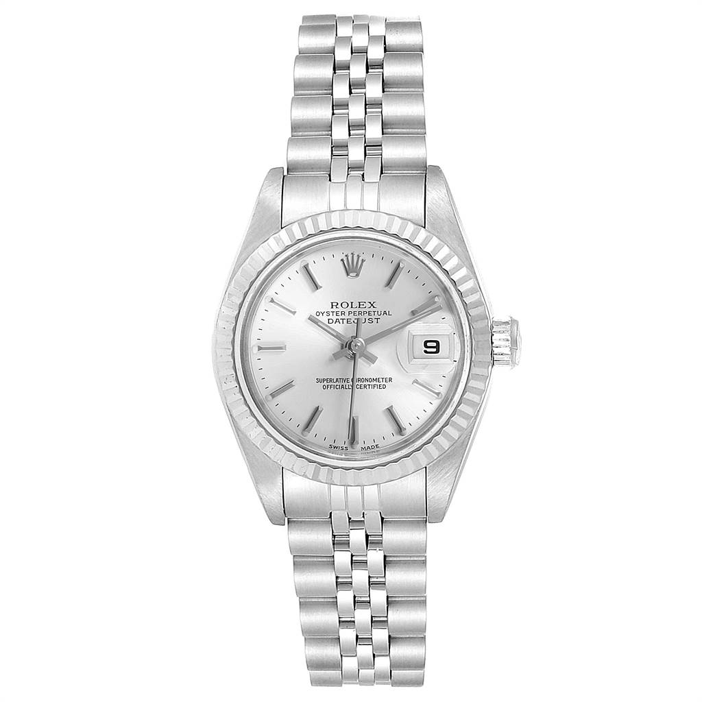 This Rolex Datejust 79174 Women's Stainless Steel Silver Dial 79174 Women's Stainless Steel Silver Dial watch is shown from the front, displaying its face, bezel, crown, and bracelet.