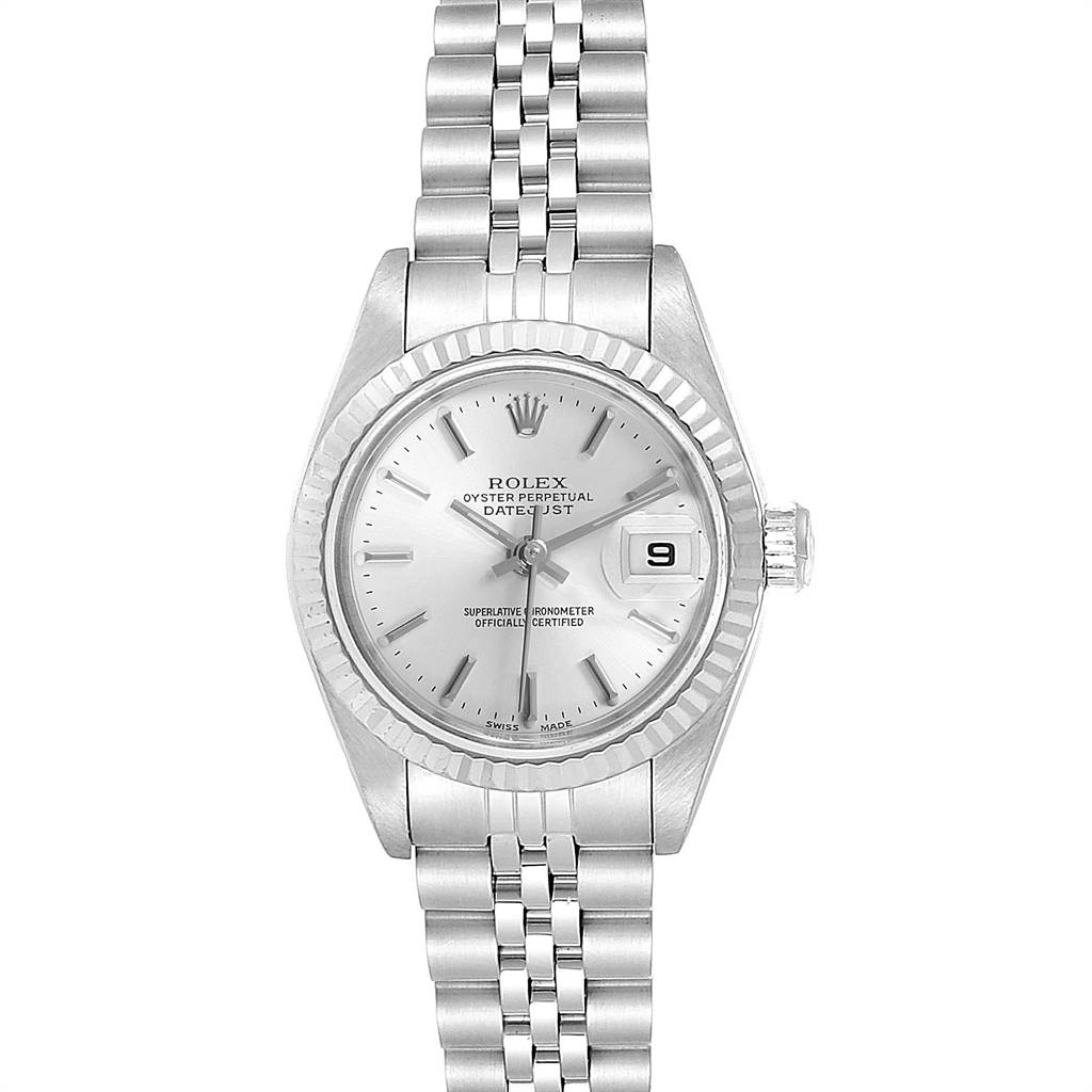 This image shows a front view of the Rolex Datejust 79174 Women's Stainless Steel Silver Dial 79174 Women's Stainless Steel Silver Dial watch, highlighting its dial, bezel, and bracelet.