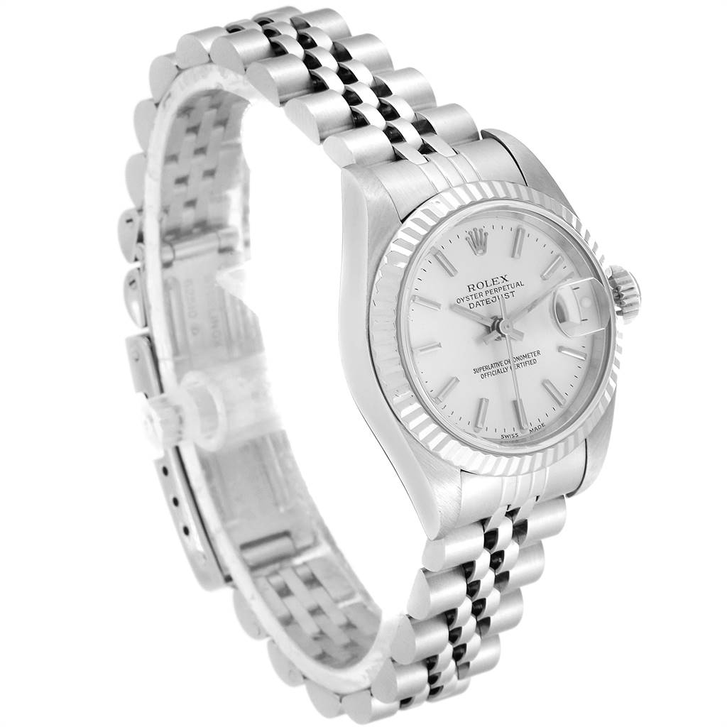 The image shows a Rolex Datejust 79174 Women's Stainless Steel Silver Dial 79174 Women's Stainless Steel Silver Dial watch from a slightly angled perspective, displaying its bracelet, bezel, and dial.