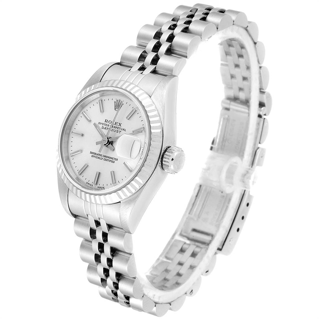 The image shows a Rolex Datejust 79174 Women's Stainless Steel Silver Dial 79174 Women's Stainless Steel Silver Dial watch from an angled side view, highlighting the dial, fluted bezel, and jubilee bracelet.