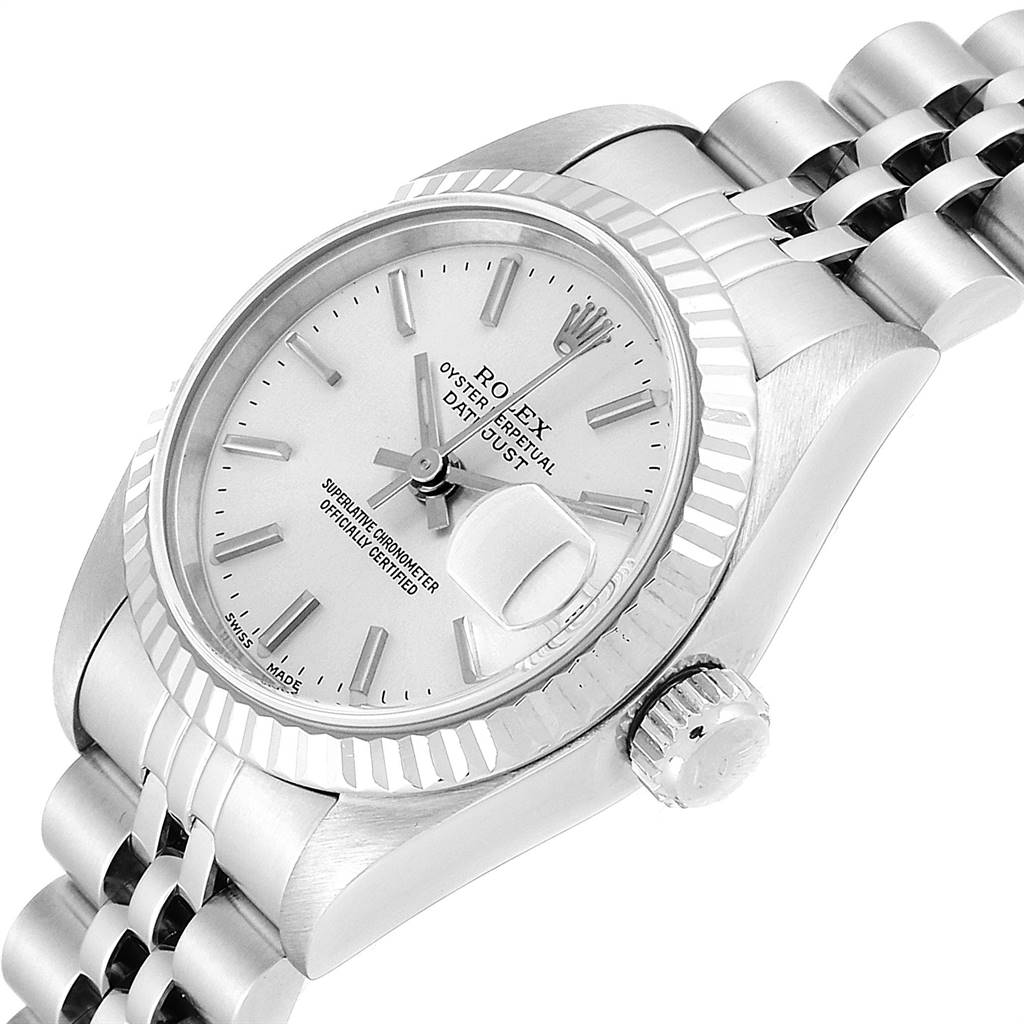 The Rolex Datejust 79174 Women's Stainless Steel Silver Dial 79174 Women's Stainless Steel Silver Dial watch is shown at an angle highlighting the dial, bezel, crown, and part of the bracelet.