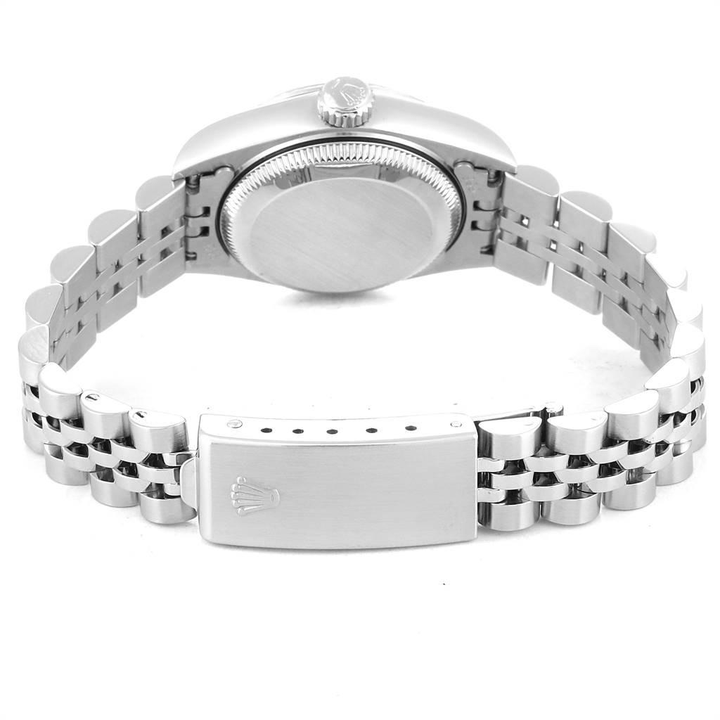 This image shows the back view of a Rolex Datejust 79174 Women's Stainless Steel Silver Dial 79174 Women's Stainless Steel Silver Dial watch, highlighting its case back and Jubilee bracelet with a clasp.