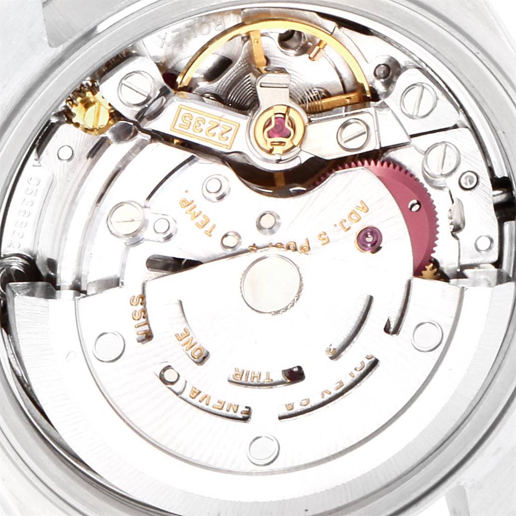 This image shows a close-up of the movement mechanism inside a Rolex Datejust 79174 Women's Stainless Steel Silver Dial 79174 Women's Stainless Steel Silver Dial watch.