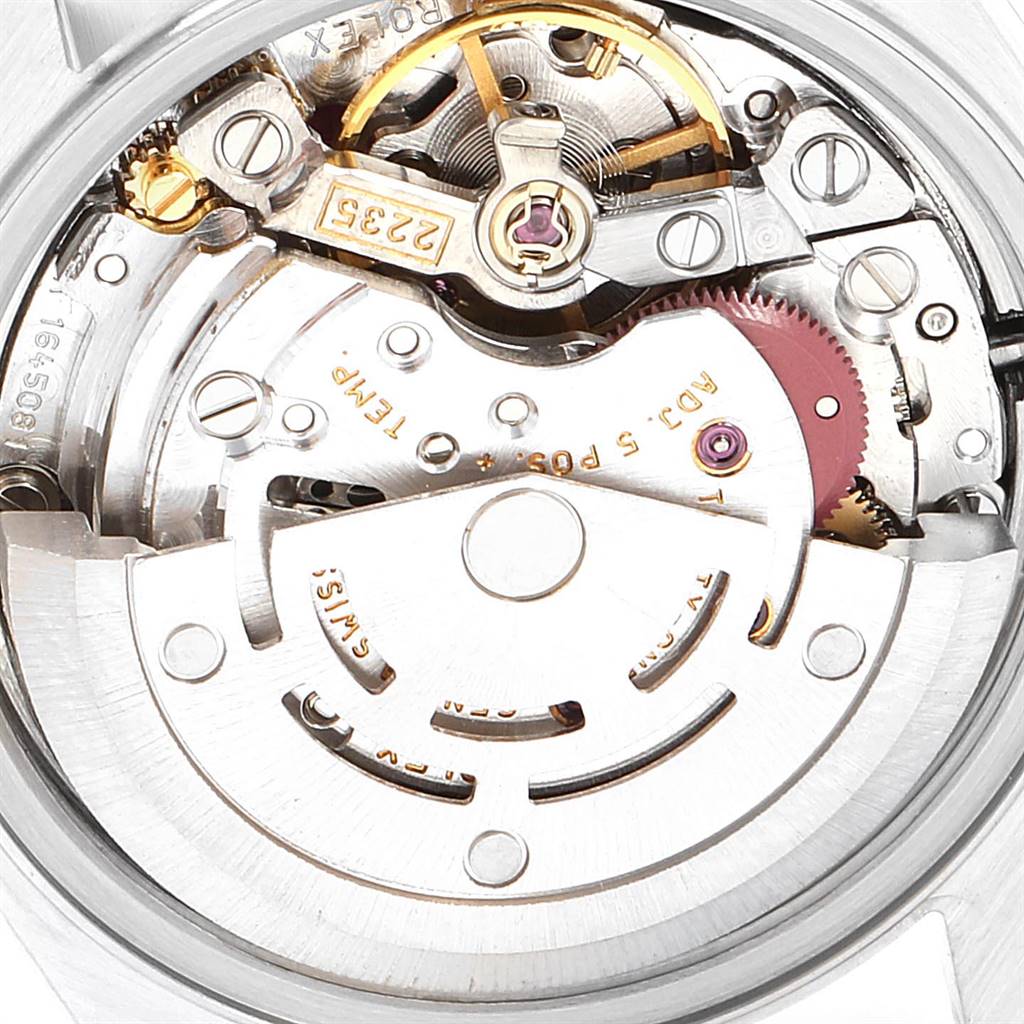 This image shows the internal mechanism and movement of a Rolex Datejust 79174 Women's Stainless Steel Grey Dial 79174 Women's Stainless Steel Grey Dial watch from a close-up, top-down angle.