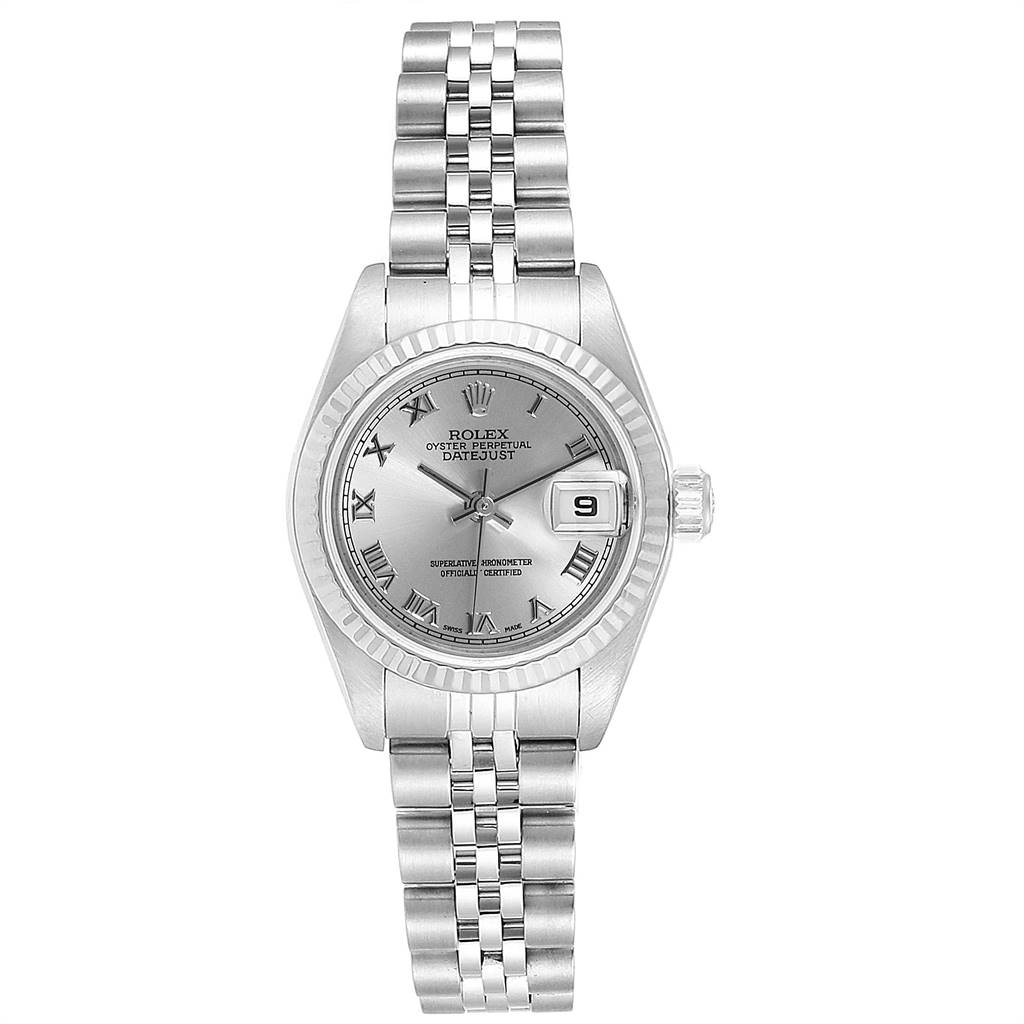 This image shows a frontal view of the Rolex Datejust 79174 Women's Stainless Steel Grey Dial 79174 Women's Stainless Steel Grey Dial watch, highlighting the dial, bezel, bracelet, date window, and crown.