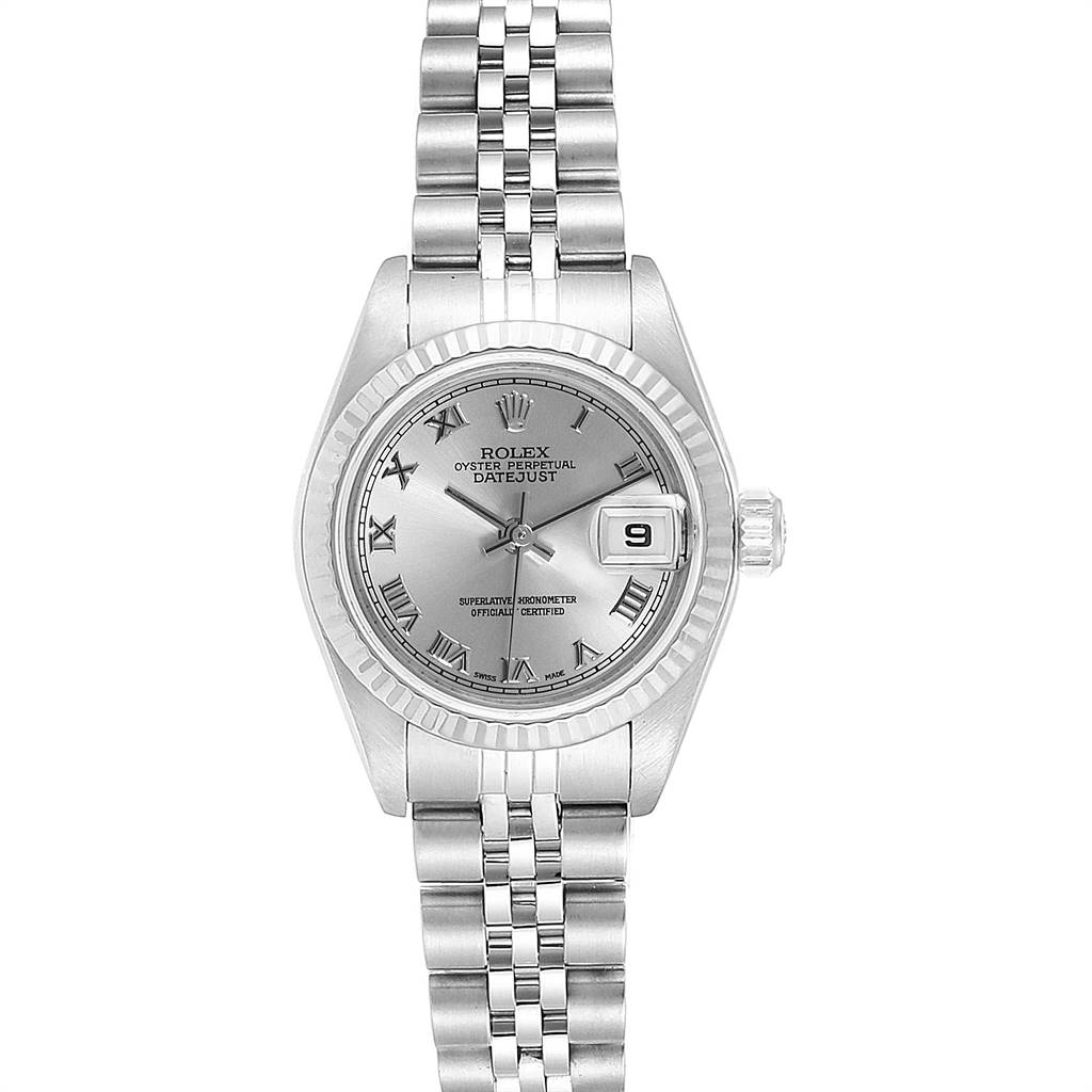 The Rolex Datejust 79174 Women's Stainless Steel Grey Dial 79174 Women's Stainless Steel Grey Dial watch is shown from a top-down angle, displaying the face, bezel, and part of the bracelet.