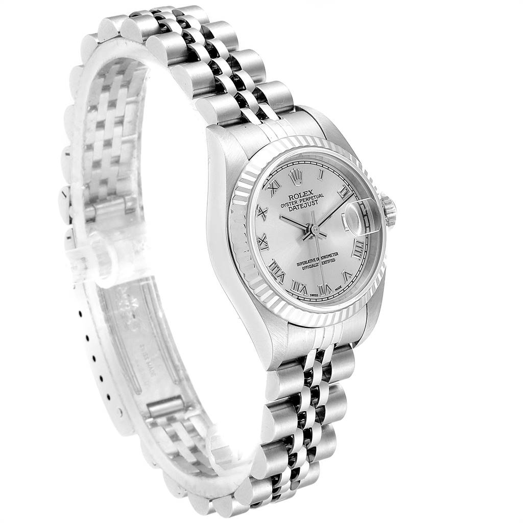 The image shows a side view of the Rolex Datejust 79174 Women's Stainless Steel Grey Dial 79174 Women's Stainless Steel Grey Dial watch, highlighting its dial, bezel, crown, and bracelet.