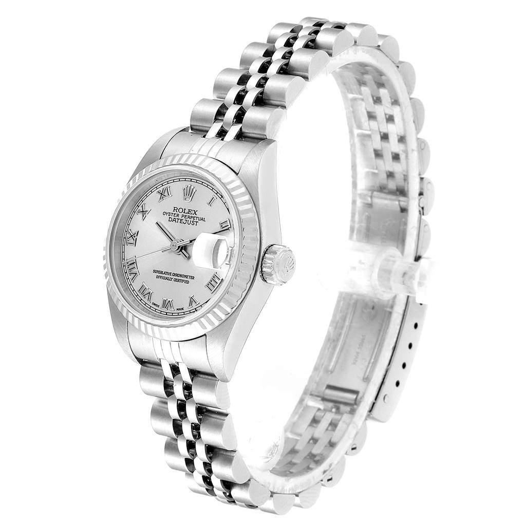 The Rolex Datejust 79174 Women's Stainless Steel Grey Dial 79174 Women's Stainless Steel Grey Dial watch is shown at an angle highlighting its face, bezel, crown, and bracelet.