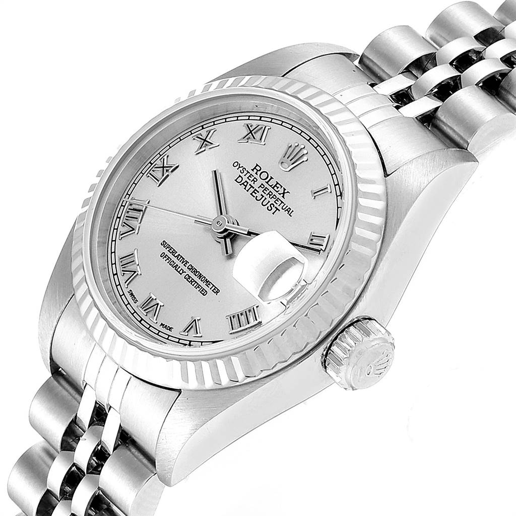 This is a close-up angle of the Rolex Datejust 79174 Women's Stainless Steel Grey Dial 79174 Women's Stainless Steel Grey Dial showing the dial, bezel, crown, and part of the bracelet.