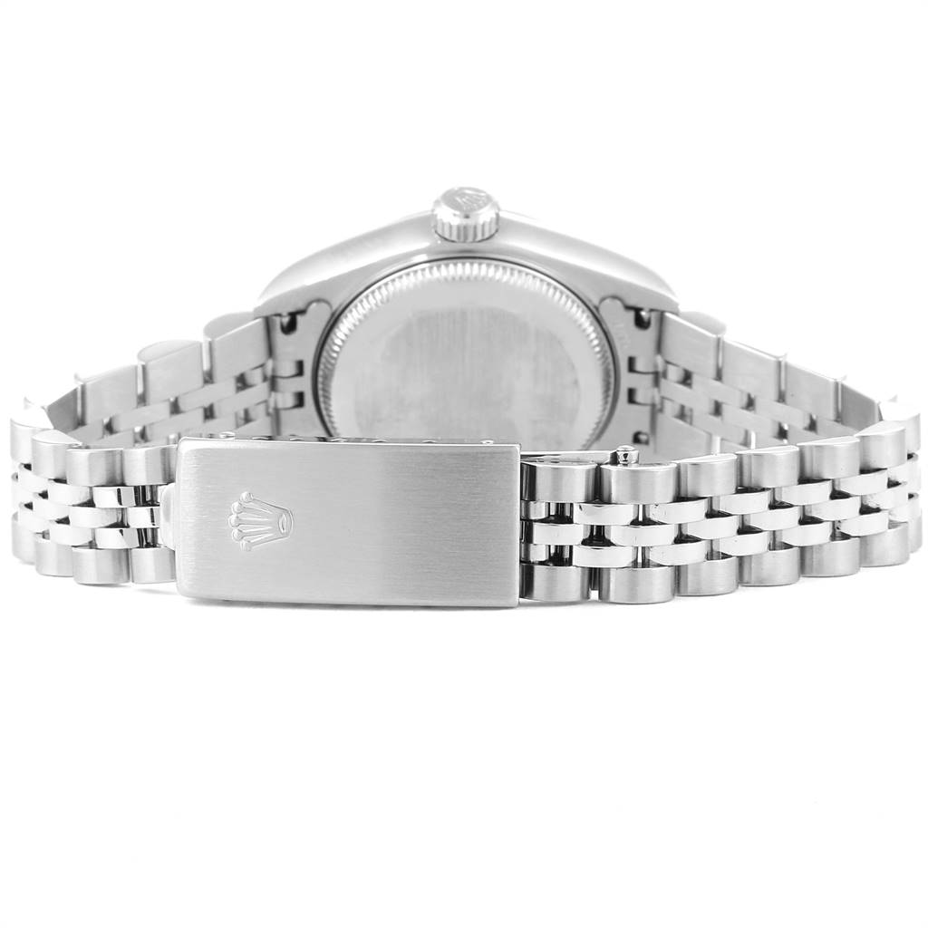 The image shows the back view of a Rolex Datejust 79174 Women's Stainless Steel Grey Dial 79174 Women's Stainless Steel Grey Dial watch, highlighting the clasp and Jubilee bracelet.