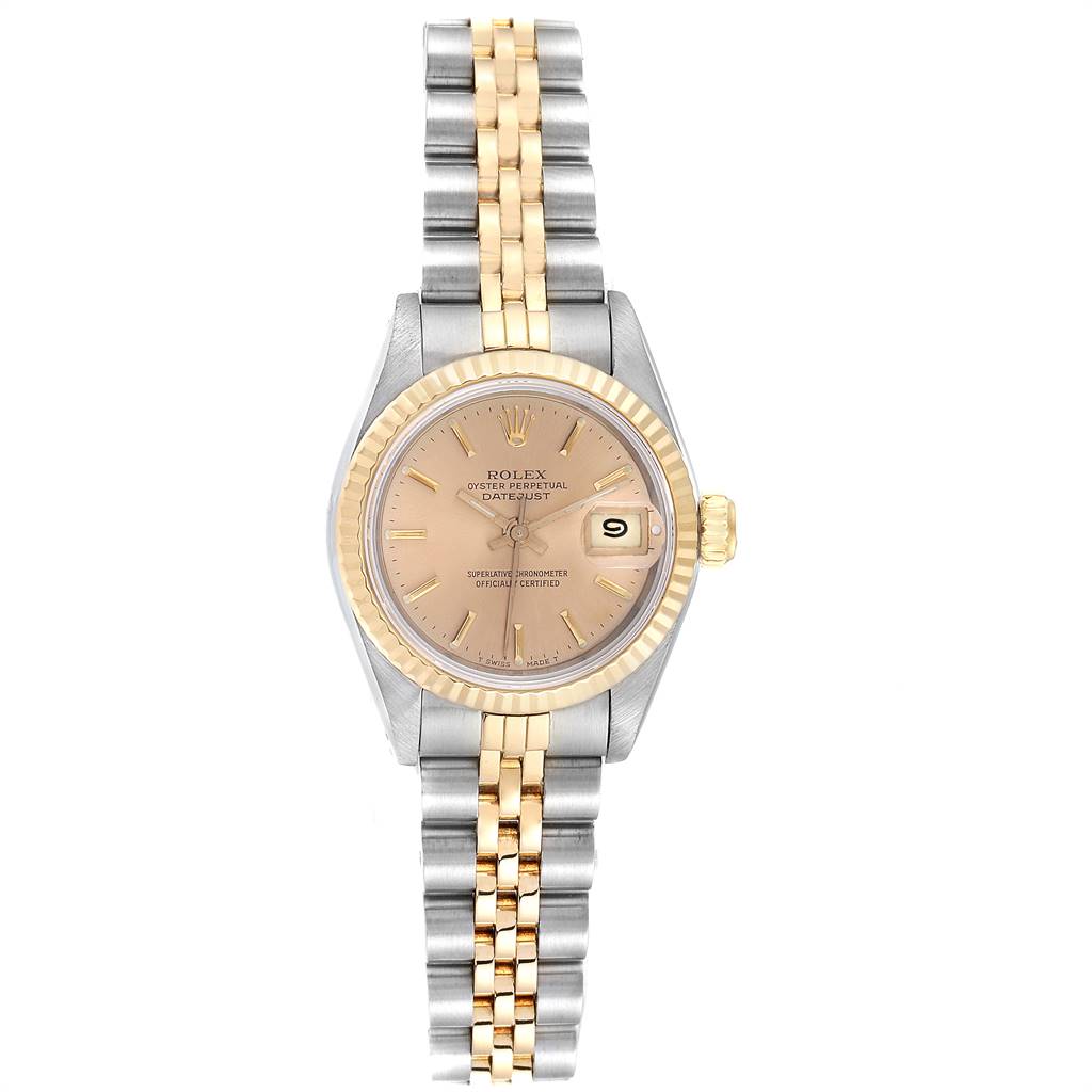 This image shows a Rolex Datejust 69173 Women's Stainless Steel Champagne Dial 69173 Women's Stainless Steel Champagne Dial watch from a top-down angle, highlighting its dial, bezel, and two-tone bracelet.
