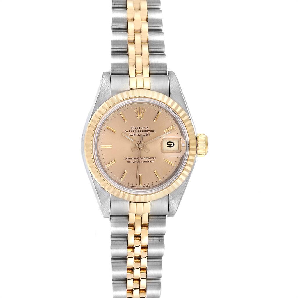 This image shows a frontal view of a Rolex Datejust 69173 Women's Stainless Steel Champagne Dial 69173 Women's Stainless Steel Champagne Dial watch, displaying the dial, hands, crown, and bracelet.