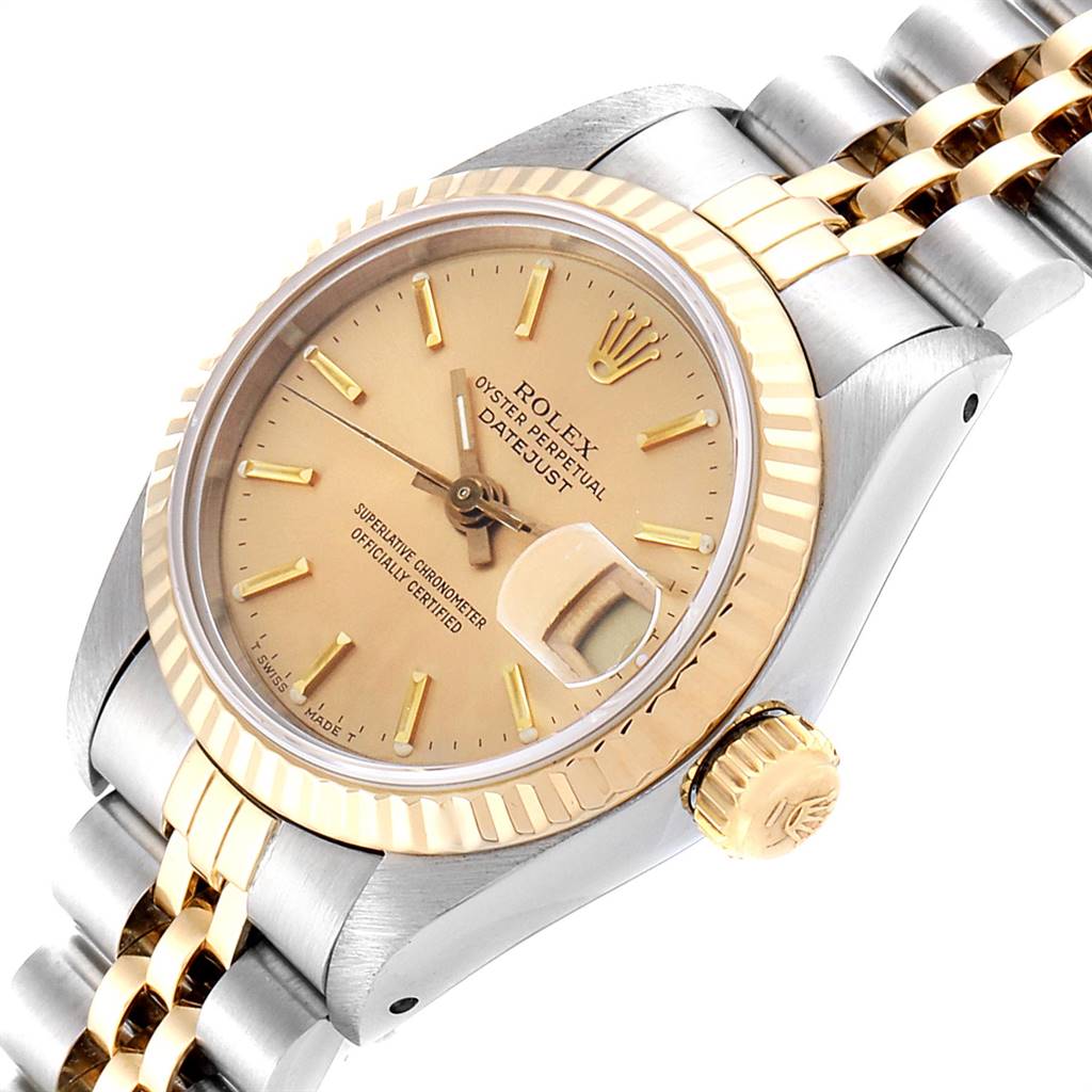 The image shows a Rolex Datejust 69173 Women's Stainless Steel Champagne Dial 69173 Women's Stainless Steel Champagne Dial watch from an angled top-down view, highlighting the dial, bezel, crown, and part of the bracelet.