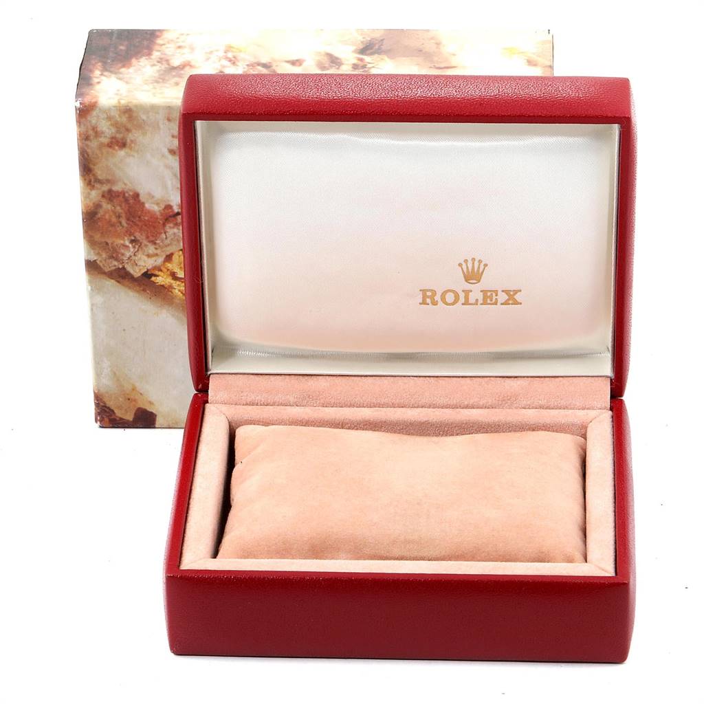 The image shows an empty Rolex Datejust 69173 Women's Stainless Steel Champagne Dial 69173 Women's Stainless Steel Champagne Dial watch box and its accompanying pillow, open and viewed from the front.