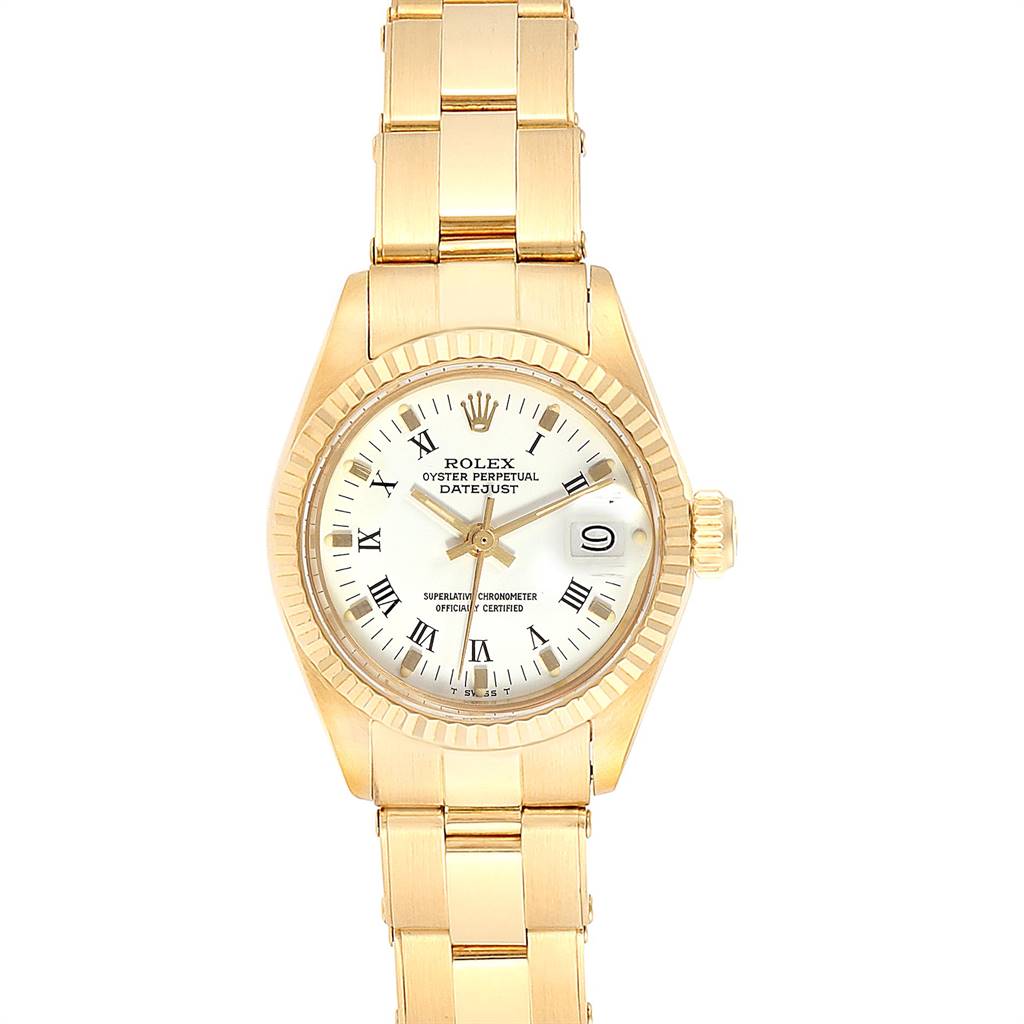 The image shows a front view of a Rolex Datejust 6917 Women
s Yellow Gold White Dial 6917 Women
s Yellow Gold White Dial watch, highlighting the dial, hands, date window, bezel, and bracelet.