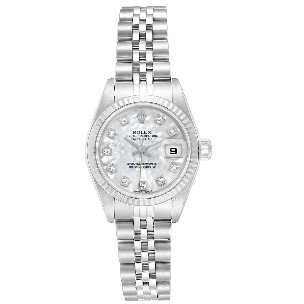 The image shows a front view of a Rolex Datejust 79174 Women's Stainless Steel Mother of Pearl Dial 79174 Women's Stainless Steel Mother of Pearl Dial watch featuring its full face and bracelet.