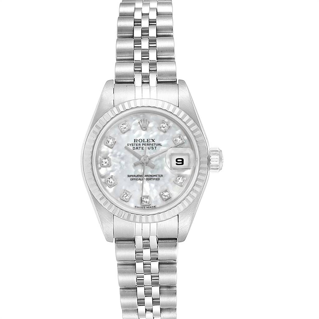 The image shows a frontal view of a Rolex Datejust 79174 Women's Stainless Steel Mother of Pearl Dial 79174 Women's Stainless Steel Mother of Pearl Dial watch, highlighting its dial, bezel, and bracelet.