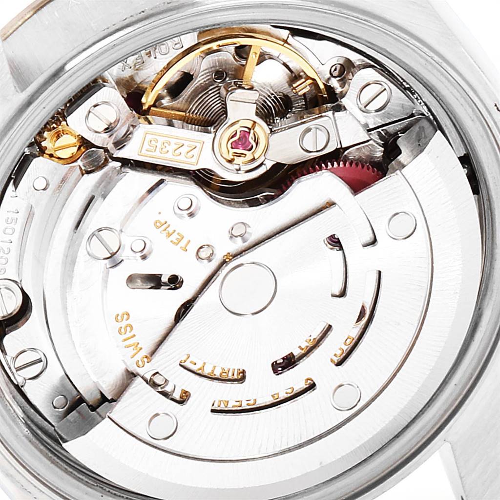 The image shows a close-up of the movement mechanism inside a Rolex Datejust 79174 Women's Stainless Steel Mother of Pearl Dial 79174 Women's Stainless Steel Mother of Pearl Dial watch, viewed from the back.