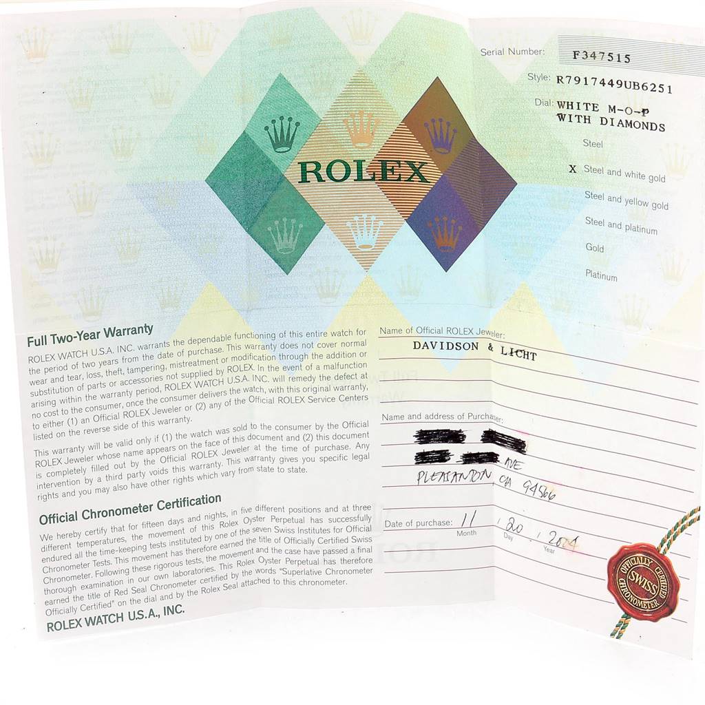 This is a warranty and certification card for a Rolex Datejust 79174 Women's Stainless Steel Mother of Pearl Dial 79174 Women's Stainless Steel Mother of Pearl Dial model watch.