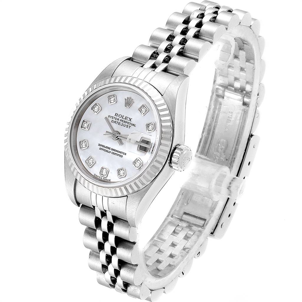The image shows a Rolex Datejust 79174 Women's Stainless Steel Mother of Pearl Dial 79174 Women's Stainless Steel Mother of Pearl Dial watch at a three-quarter angle, highlighting its face, bezel, crown, and bracelet.