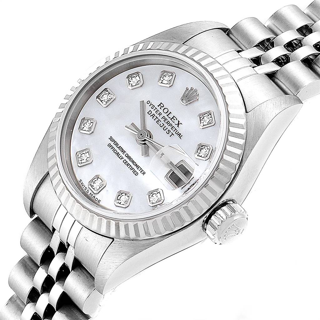 This image shows a close-up angle of a Rolex Datejust 79174 Women's Stainless Steel Mother of Pearl Dial 79174 Women's Stainless Steel Mother of Pearl Dial watch, highlighting the dial, bezel, crown, and bracelet.