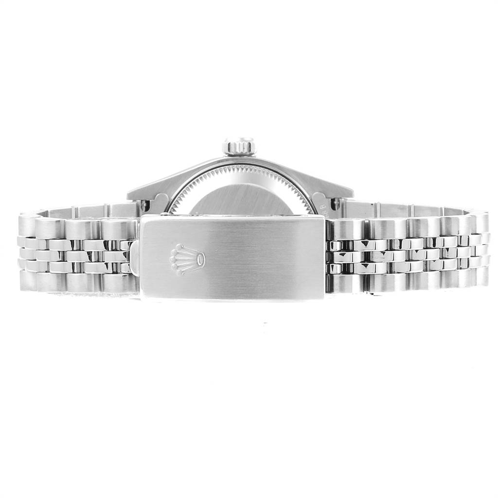 This image shows the back and clasp of the Rolex Datejust 79174 Women's Stainless Steel Mother of Pearl Dial 79174 Women's Stainless Steel Mother of Pearl Dial watch with a Jubilee bracelet.