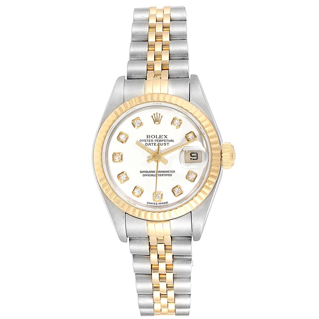 The image shows a full front view of a Rolex Datejust 79173 Women's Stainless Steel White Dial 79173 Women's Stainless Steel White Dial watch, displaying the dial, bezel, case, and bracelet.